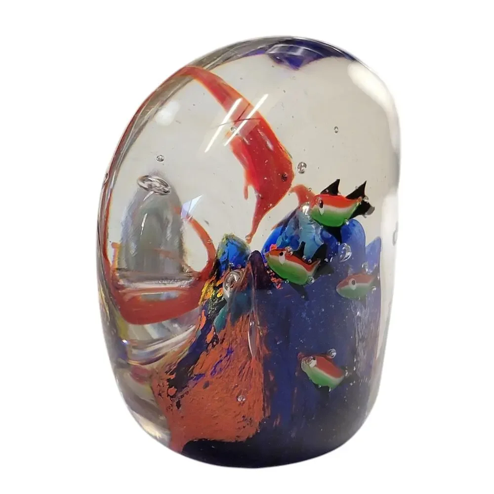 Fish Paperweight Art Glass 3x4.5 2.25 lb Orange Green Red Blue Coral Collectible
